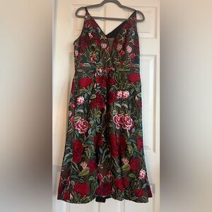 Dress the Population Red and Green Floral A-Line Skirt